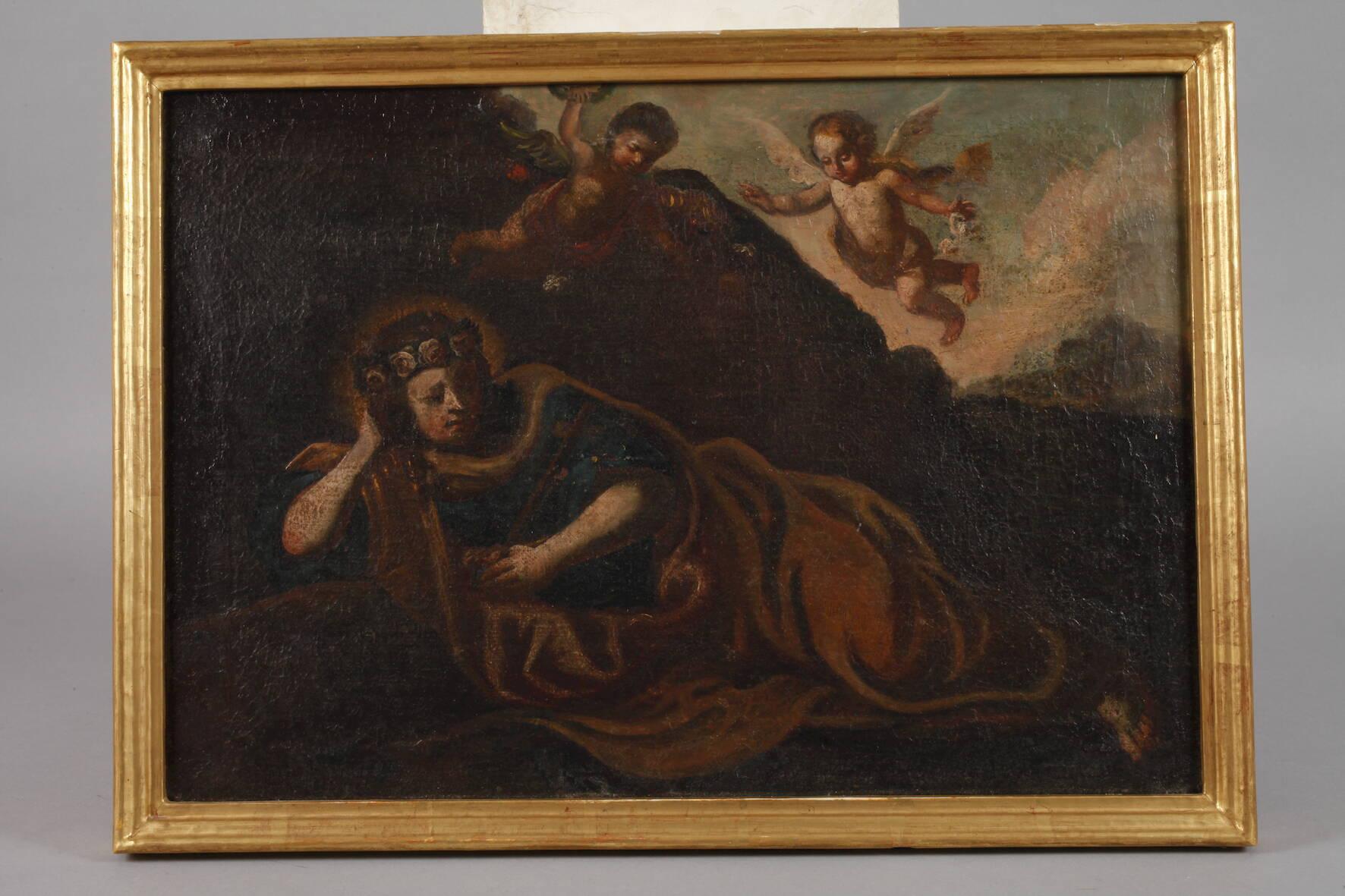 FINE EARLY 1700'S ITALIAN BAROQUE OLD MASTER - MARY MAGDALENE WITH CHERUBS - Painting by Italian Baroque