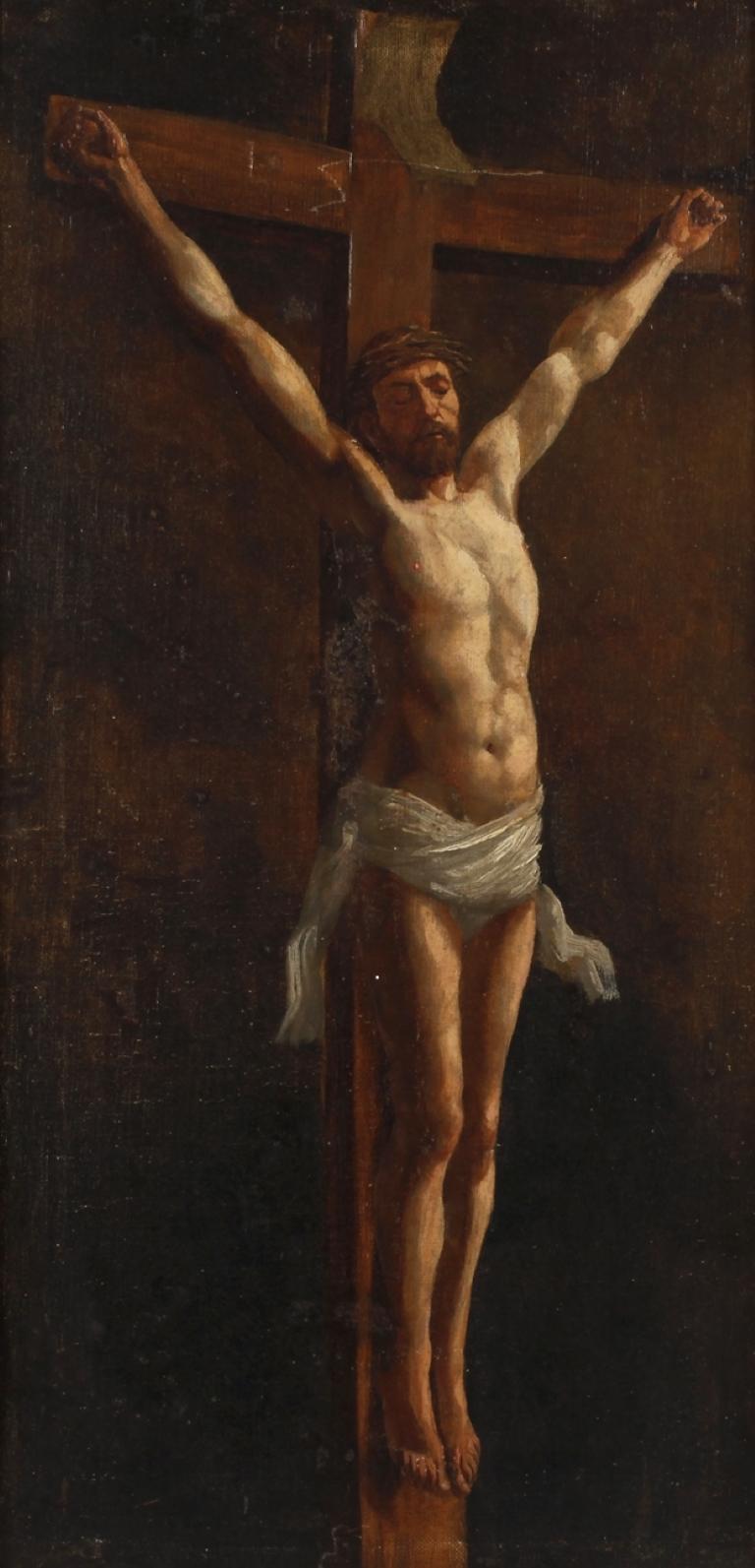 Italian Chiaroscuro Figurative Painting - c.1890/1900 FINE ITALIAN OIL PAINTING - CHRIST ON THE CROSS - CHIAROSCURO STYLE
