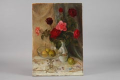 Large Impressionist Signed Oil - Still Life Roses & Apples in Glass Bowl