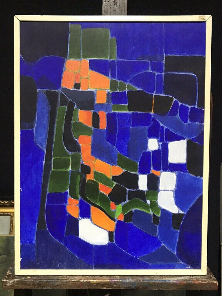 1980's FRENCH CUBIST ABSTRACT SIGNED OIL PAINTING - DEEP BLUE GREEN ORANGE BLACK - Painting by French cubist
