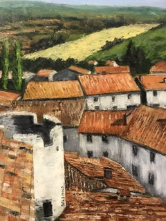Signed French Impressionist Oil View over Provence Town Roof Tops & Fields