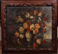 Fine 18th Century Italian Still Life of Flowers in Chinese Vase Ornamental Bird