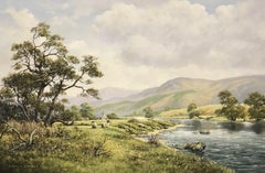 LARGE SCOTTISH RIVER LANDSCAPE SIGNED OIL - SHEEP GRAZING PASTORAL RIVER BANK