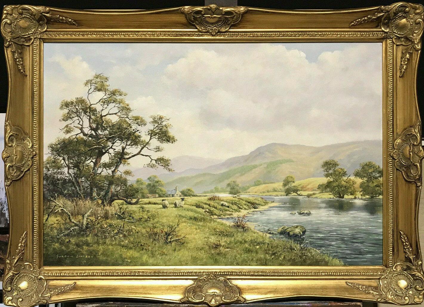 Gordon Lindsay Landscape Painting - LARGE SCOTTISH RIVER LANDSCAPE SIGNED OIL - SHEEP GRAZING PASTORAL RIVER BANK