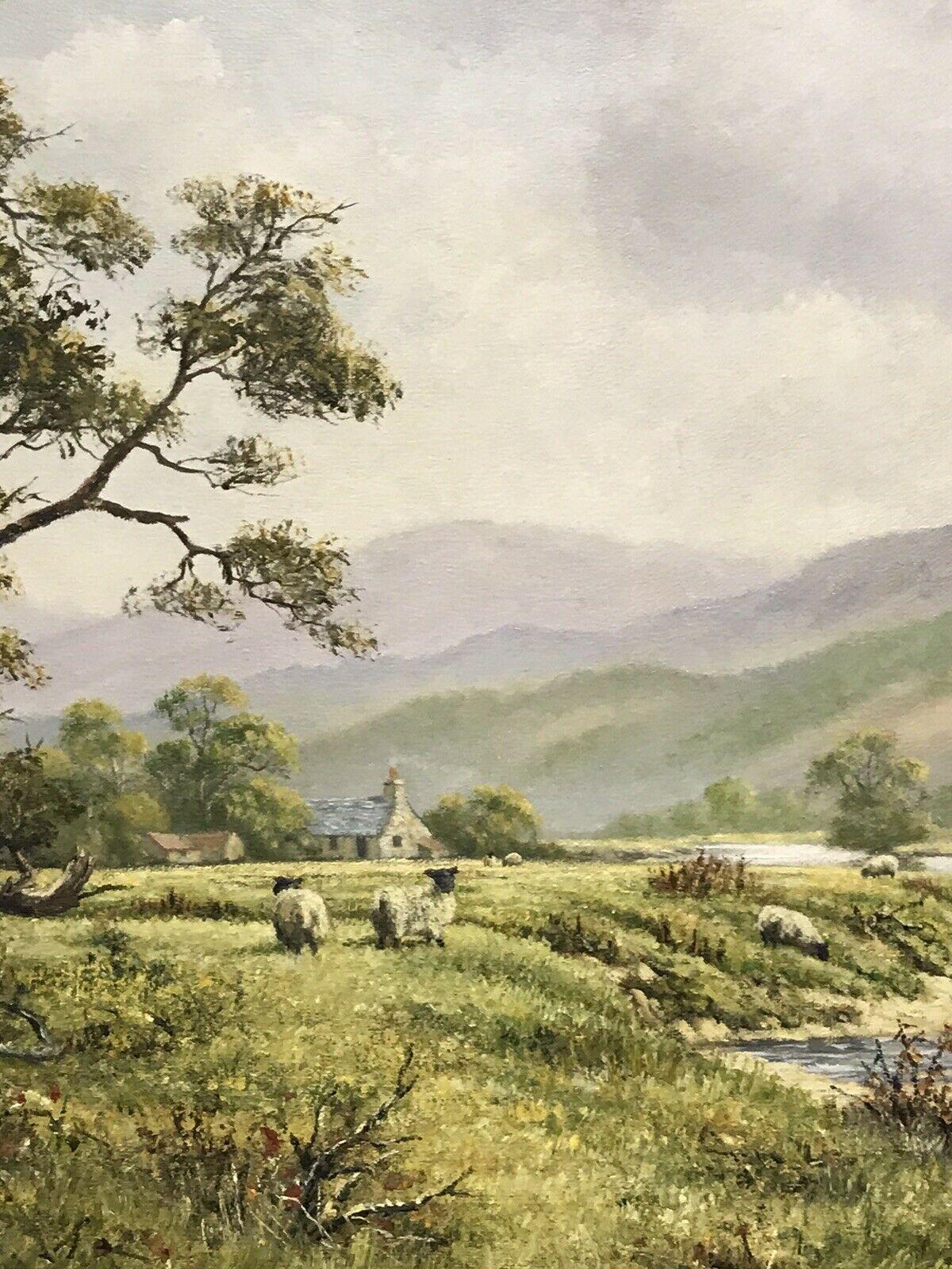 LARGE SCOTTISH RIVER LANDSCAPE SIGNED OIL - SHEEP GRAZING PASTORAL RIVER BANK - Brown Landscape Painting by Gordon Lindsay