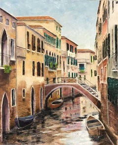 LARGE SIGNED OIL PAINTING - TRANQUIL VENICE CANAL BACKWATER