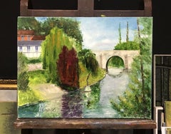 Tranquil River Landscape Louis del Bianco French Impressionist Bridge Scene Oil