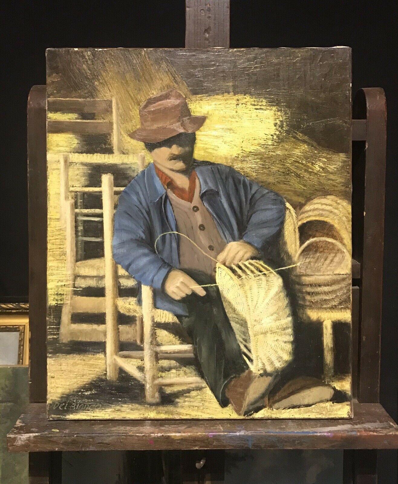 THE BASKET WEAVER - VINTAGE FRENCH SIGNED OIL PORTRAIT OF MAN MAKING BASKETS - Painting by LOUIS DEL BIANCO (B.1925