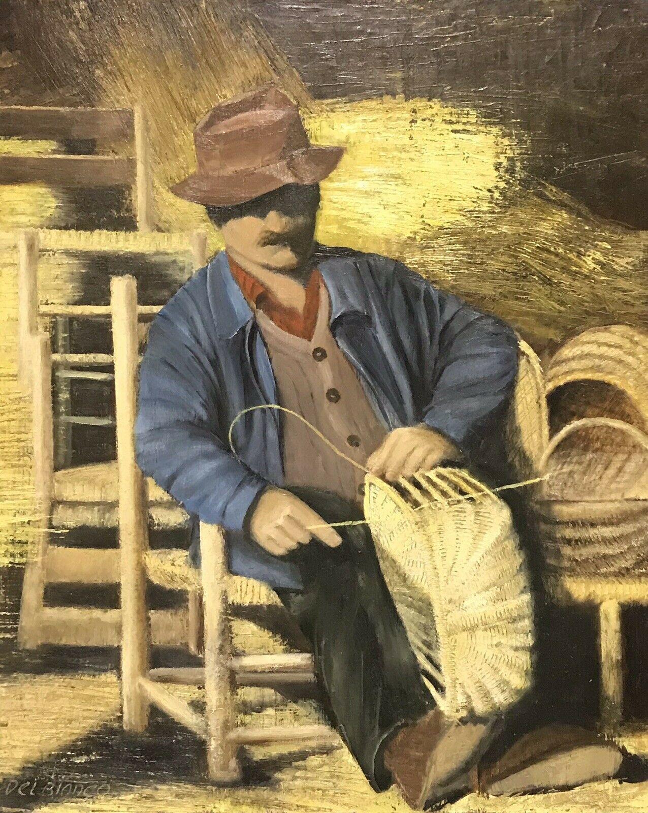 LOUIS DEL BIANCO (B.1925 Portrait Painting - THE BASKET WEAVER - VINTAGE FRENCH SIGNED OIL PORTRAIT OF MAN MAKING BASKETS