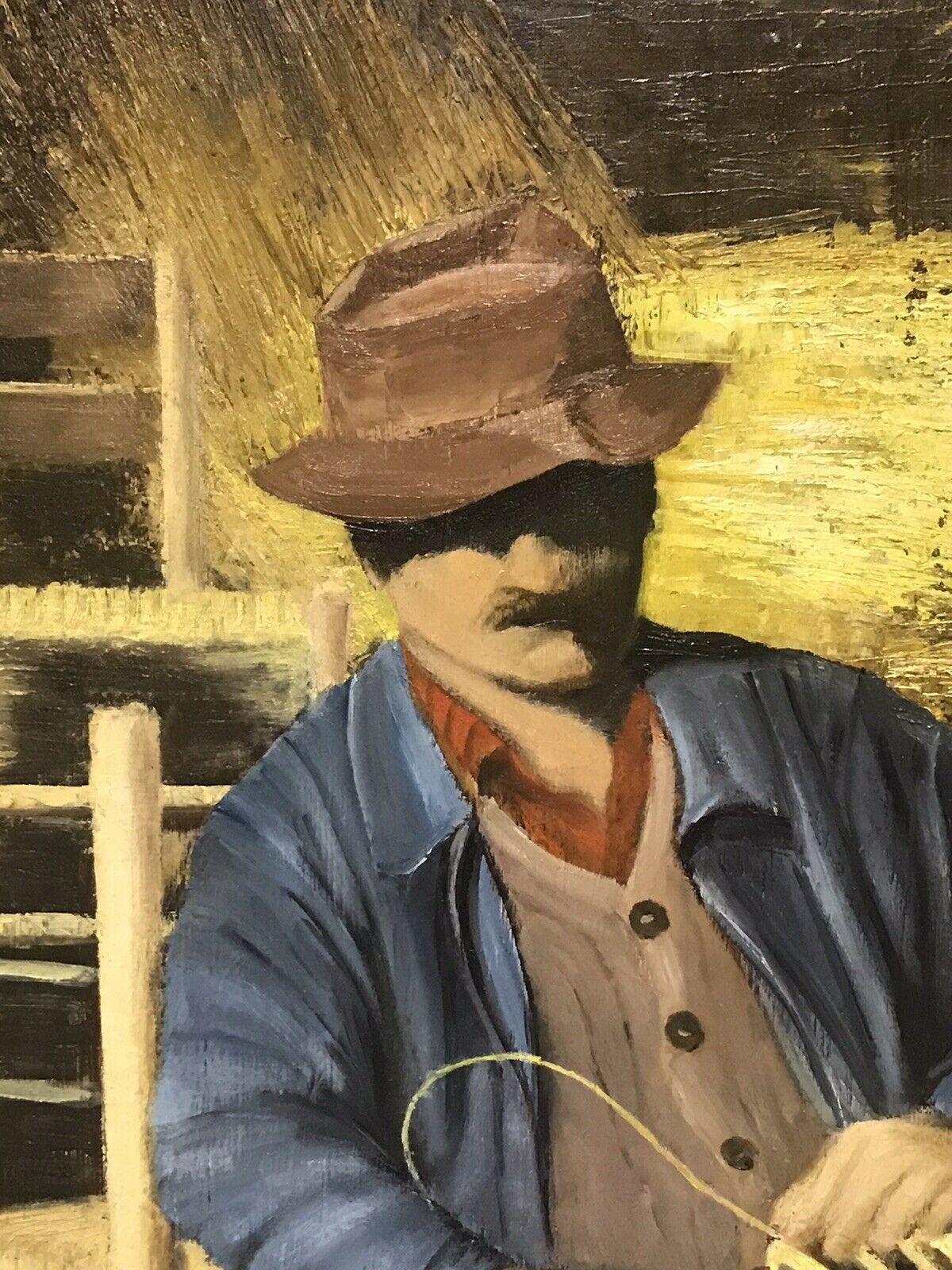 THE BASKET WEAVER - VINTAGE PORTRAIT DE BOUCLES À OIL SIGNÉES FRANÇAIS D'MANOUX FRANÇAIS - Marron Portrait Painting par LOUIS DEL BIANCO (B.1925