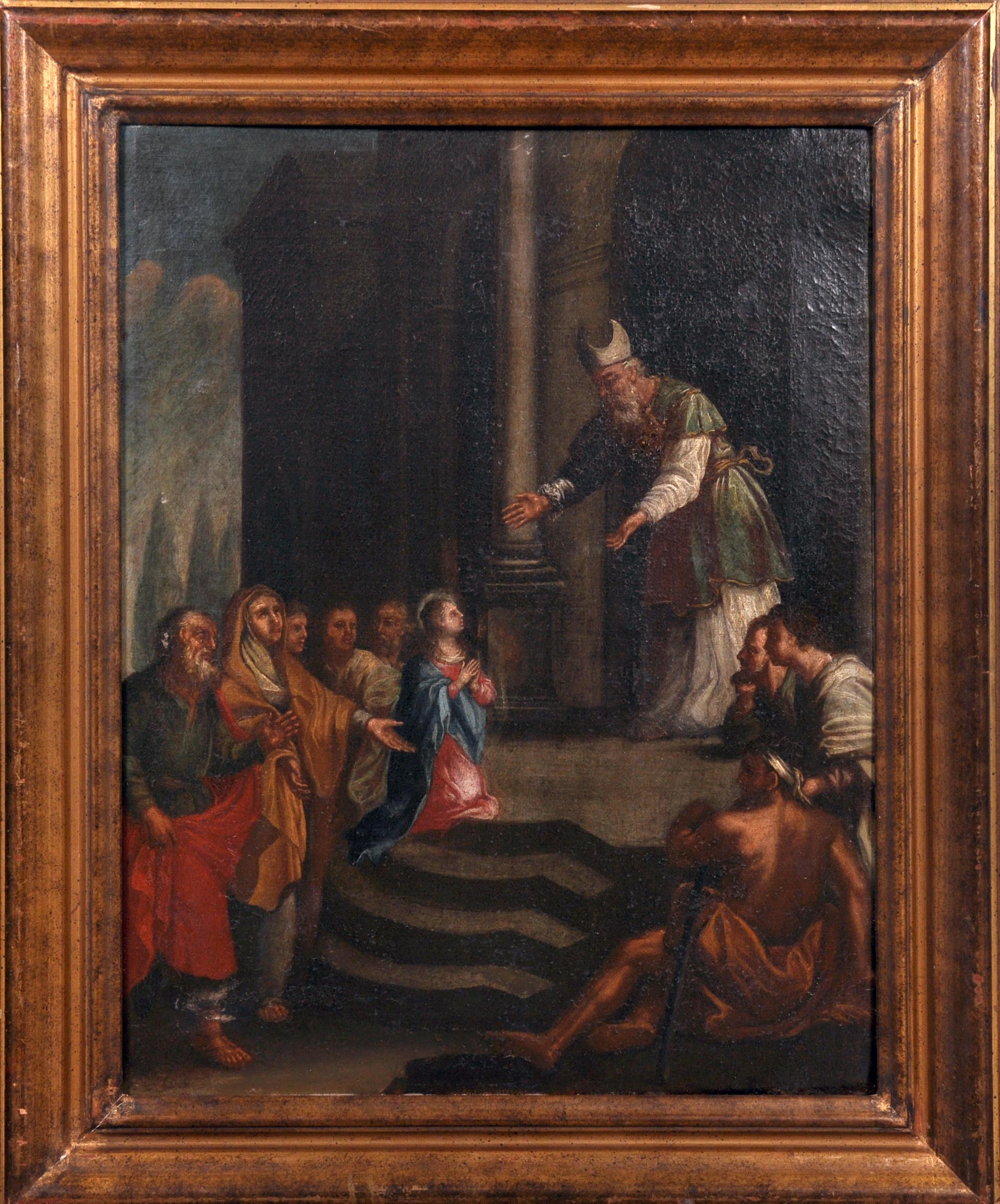 Olio antico italiano del XVII secolo - Presentazione della Vergine al Tempio - Painting di Italian Master