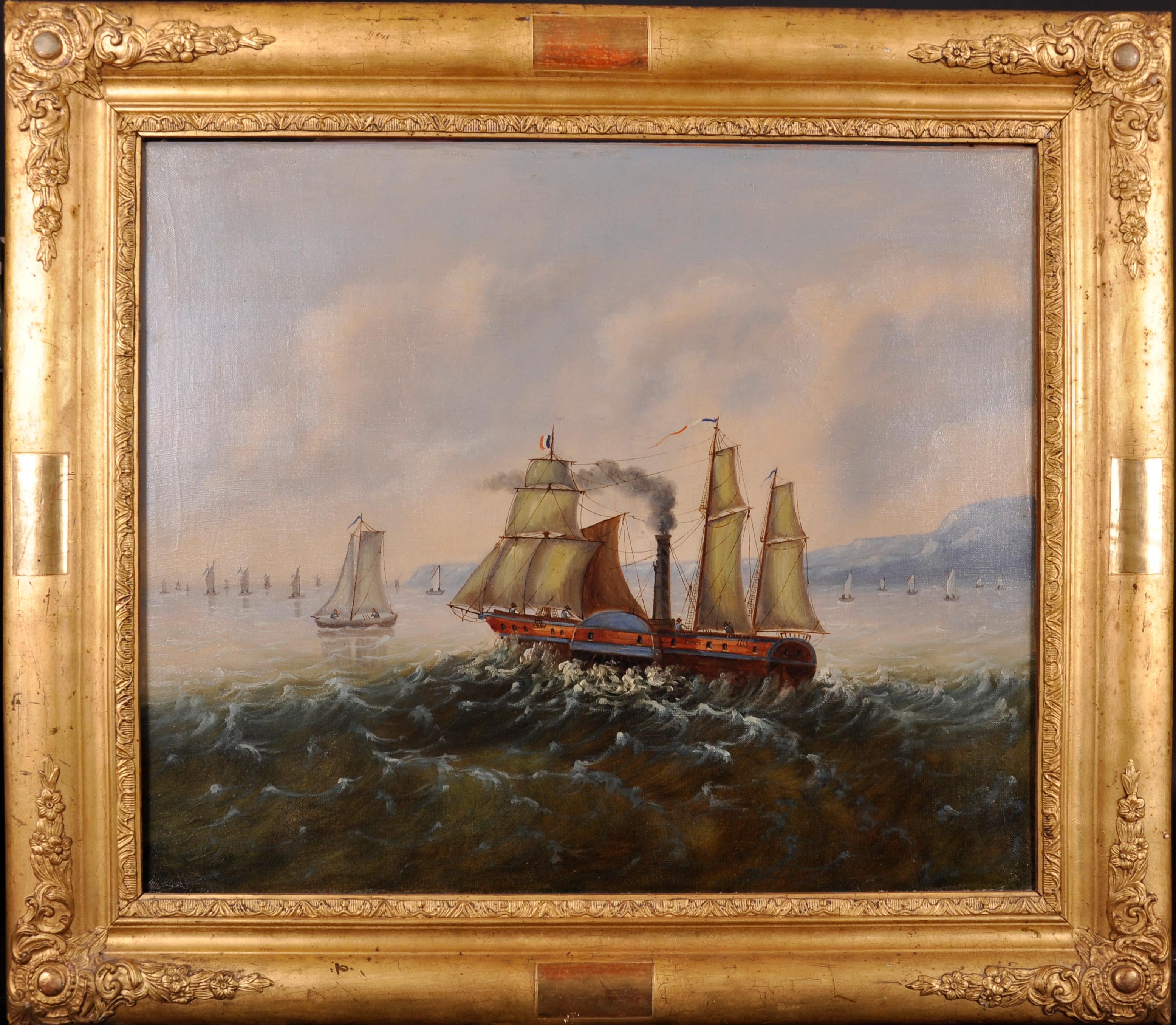 Landscape Painting French Artist - Peinture à l'huile française du 19ème siècle - Voilier à vapeur à vapeur à vapeur coquillage
