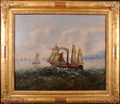 Antique Fine 19th Century French Oil Painting - Paddle Steamer Ship Choppy Waters