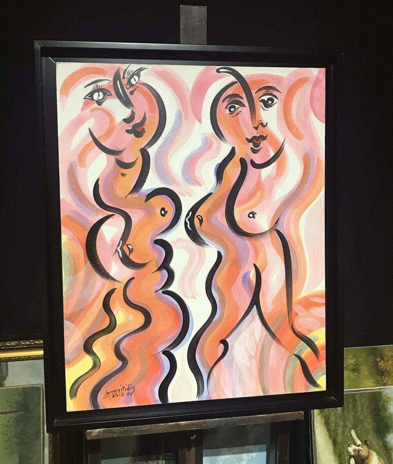 NICO ARVANITIDIS (B.1943) HUGE OIL DE GRECQUE SIGNÉE - ŒUVRE MODERNISTE DE NUDE FEMALES - Impressionnisme Painting par Nico Arvanitidis