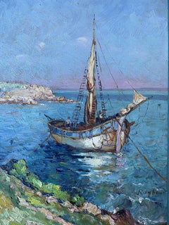 1930s fishing boat 1930
s FRENCH POST-IMPRESSIONIST SIGNED OIL - FISHING BOAT MEDITERRANEAN COAST