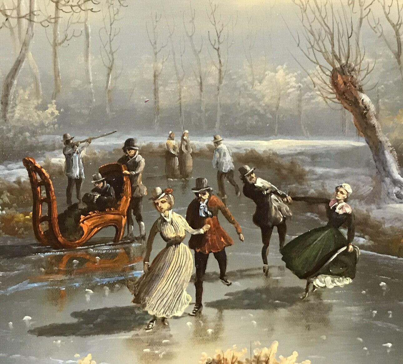 CLASSICAL DUTCH WINTER SCENE OIL PAINTING - FIGURES SKATING ON ICE - SIGNED - Victorian Painting by Dutch School
