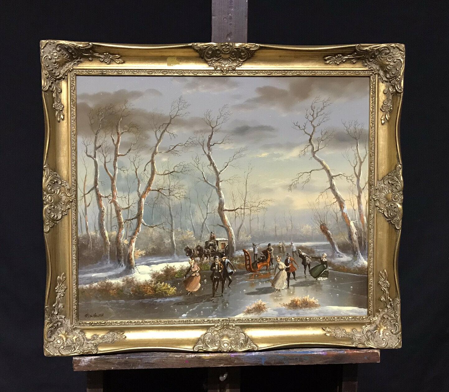 CLASSICAL DUTCH WINTER SCENE OIL PAINTING - FIGURES SKATING ON ICE - SIGNED - Painting by Dutch School