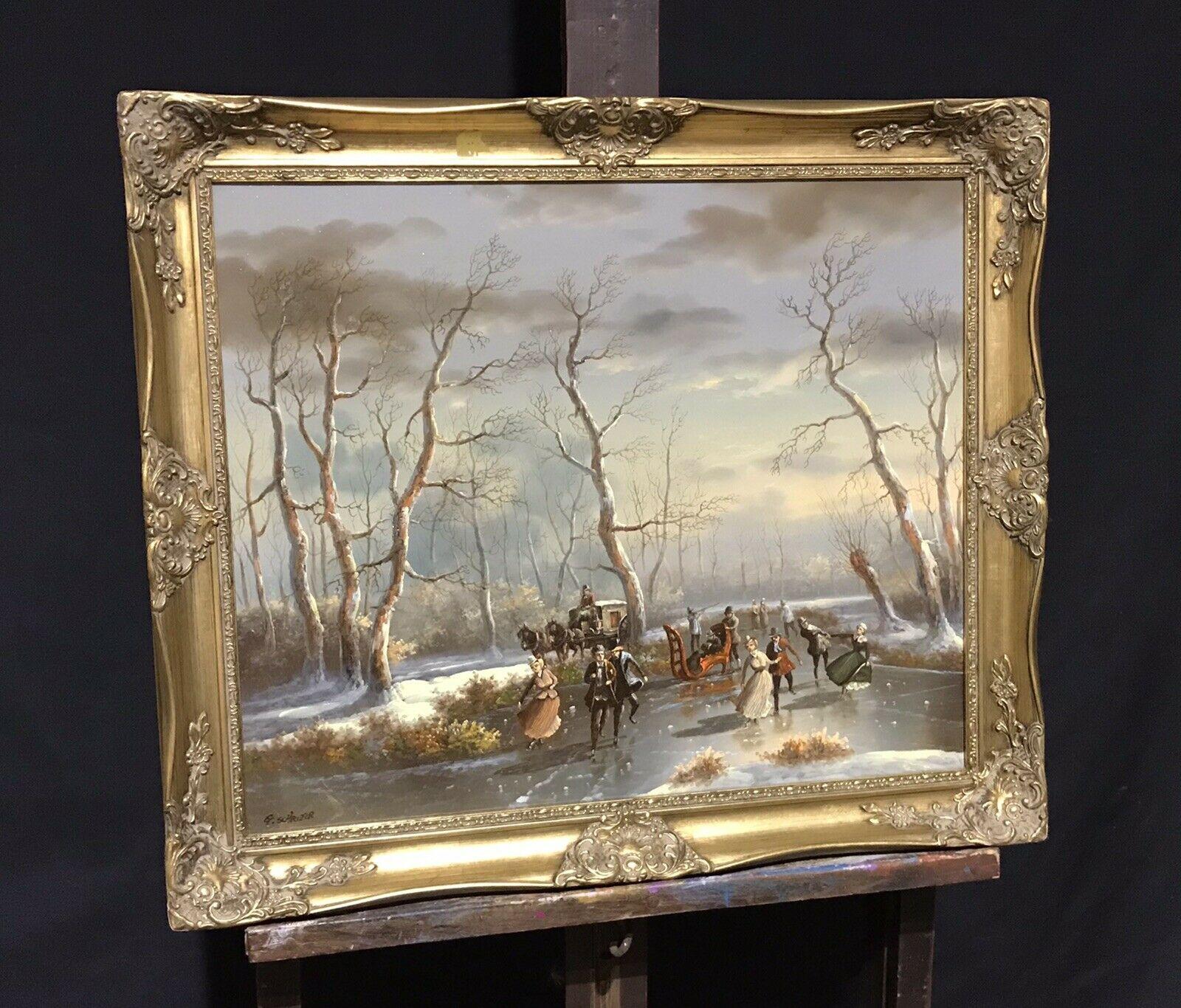 DIPINTO AD OLIO CLASSICO OLANDESE CON SCENA INVERNALE - FIGURE CHE PATTINANO SUL GHIACCIO - FIRMATO - Landscape Painting Grigio di Dutch School