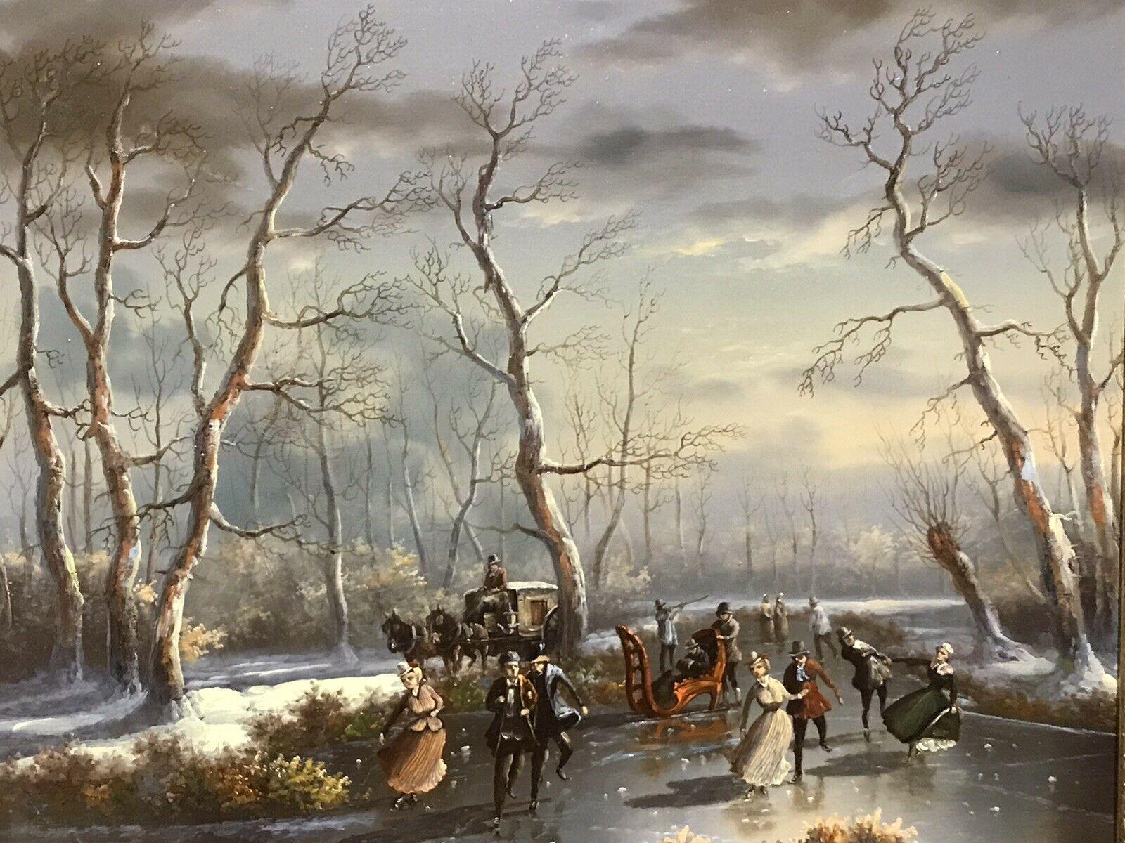 Dutch School Landscape Painting - CLASSICAL DUTCH WINTER SCENE OIL PAINTING - FIGURES SKATING ON ICE - SIGNED