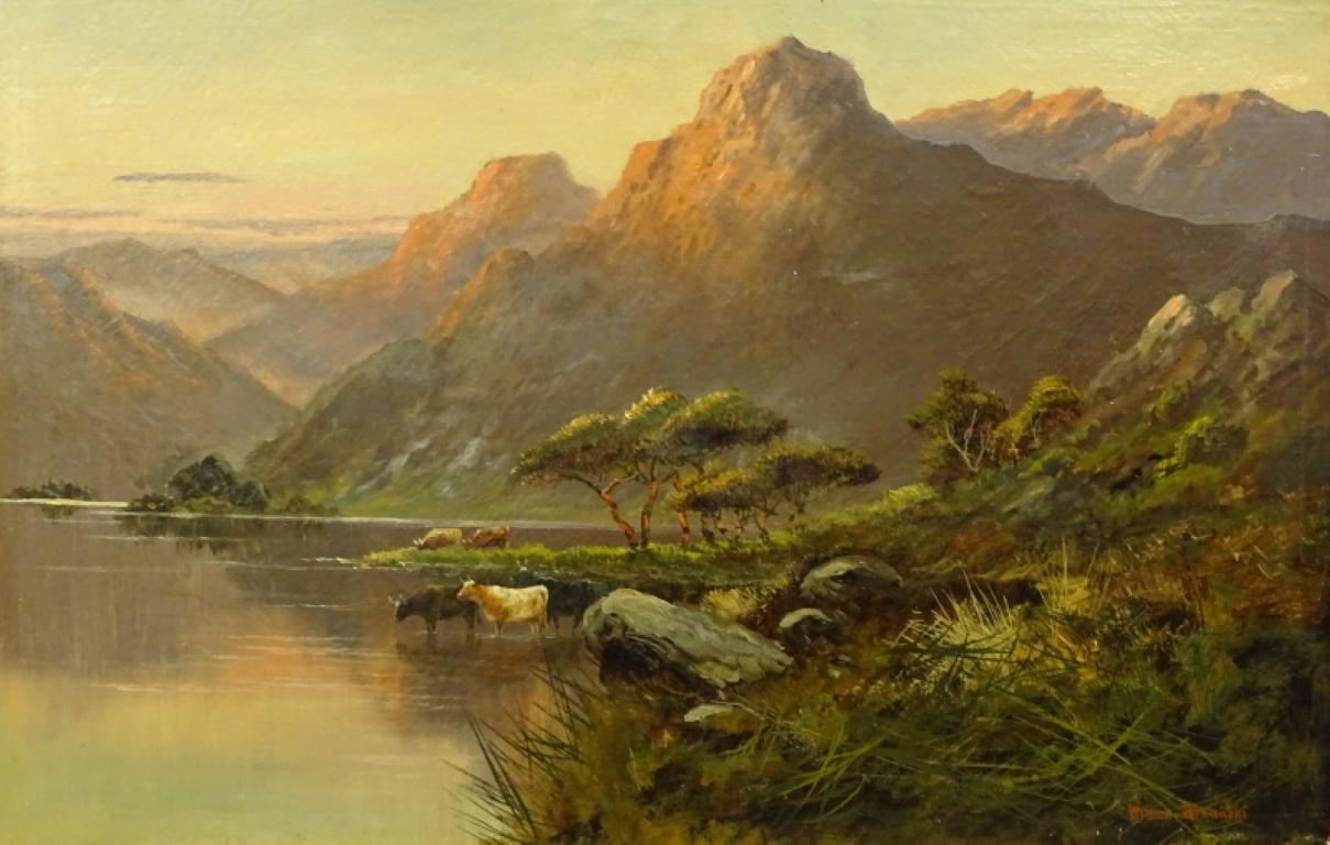 Antique Scottish Highland Loch Scene Cattle Watering Sunset Signed Oil - Painting by Willem Breanski