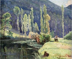 French Impressionist Signed Oil - Labourers in River Landscape Valley