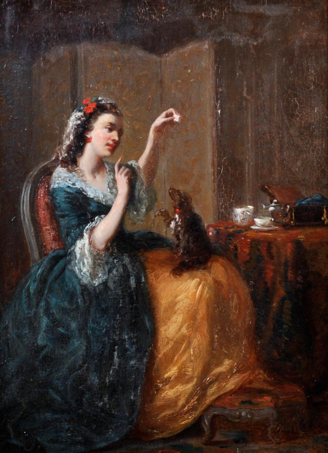 Fine huile française du 19ème siècle - Une dame élégante forgeant son chien chiot - Painting de Henri Charles Antoine Baron