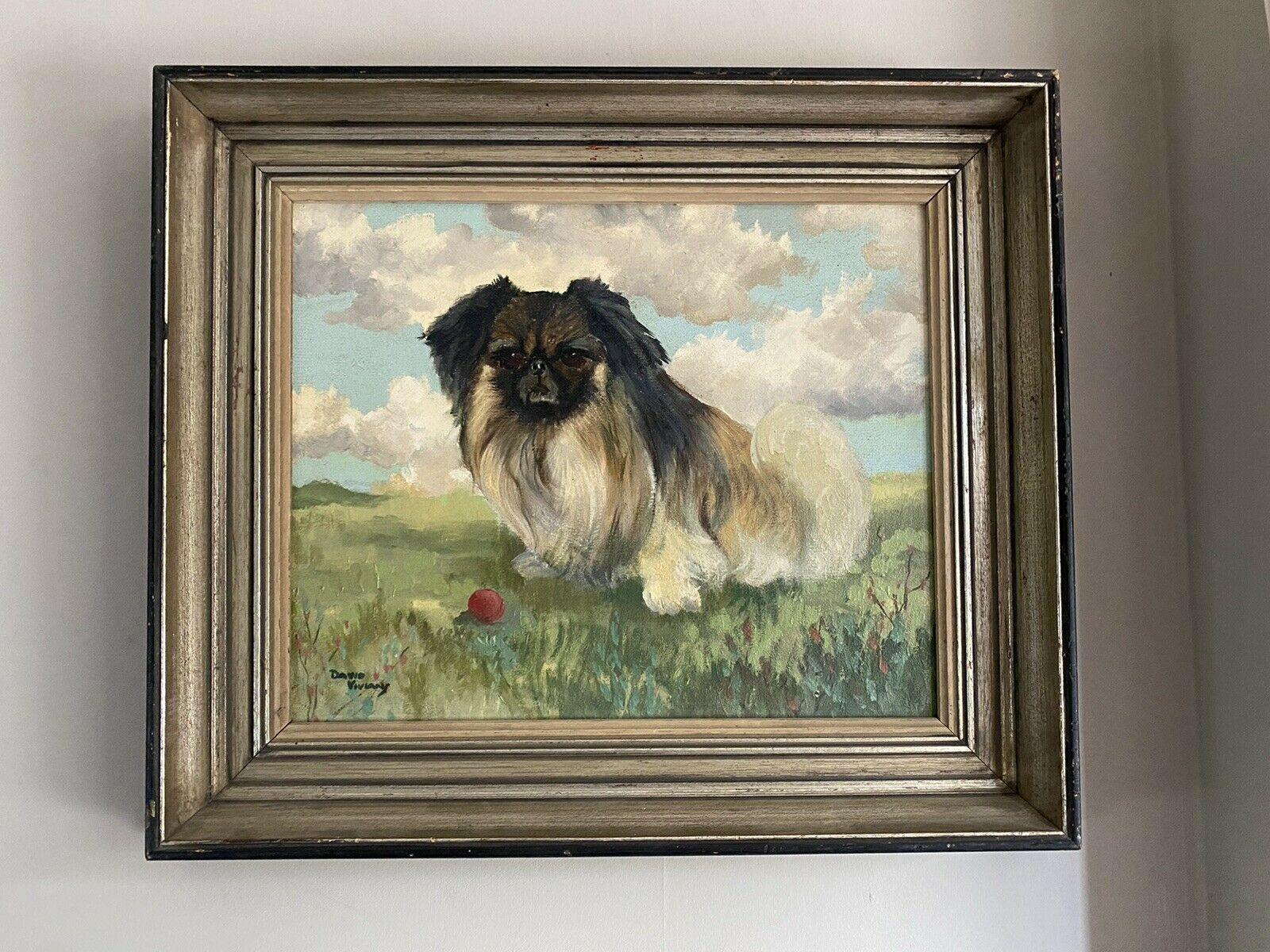 SIGNED 1950'S ENGLISH DOG OIL PAINTING - THE PEKINGESE WITH BALL IN LANDSCAPE - Painting by David Vivian