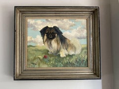 SIGNED 1950'S ENGLISH DOG OIL PAINTING - THE PEKINGESE WITH BALL IN LANDSCAPE