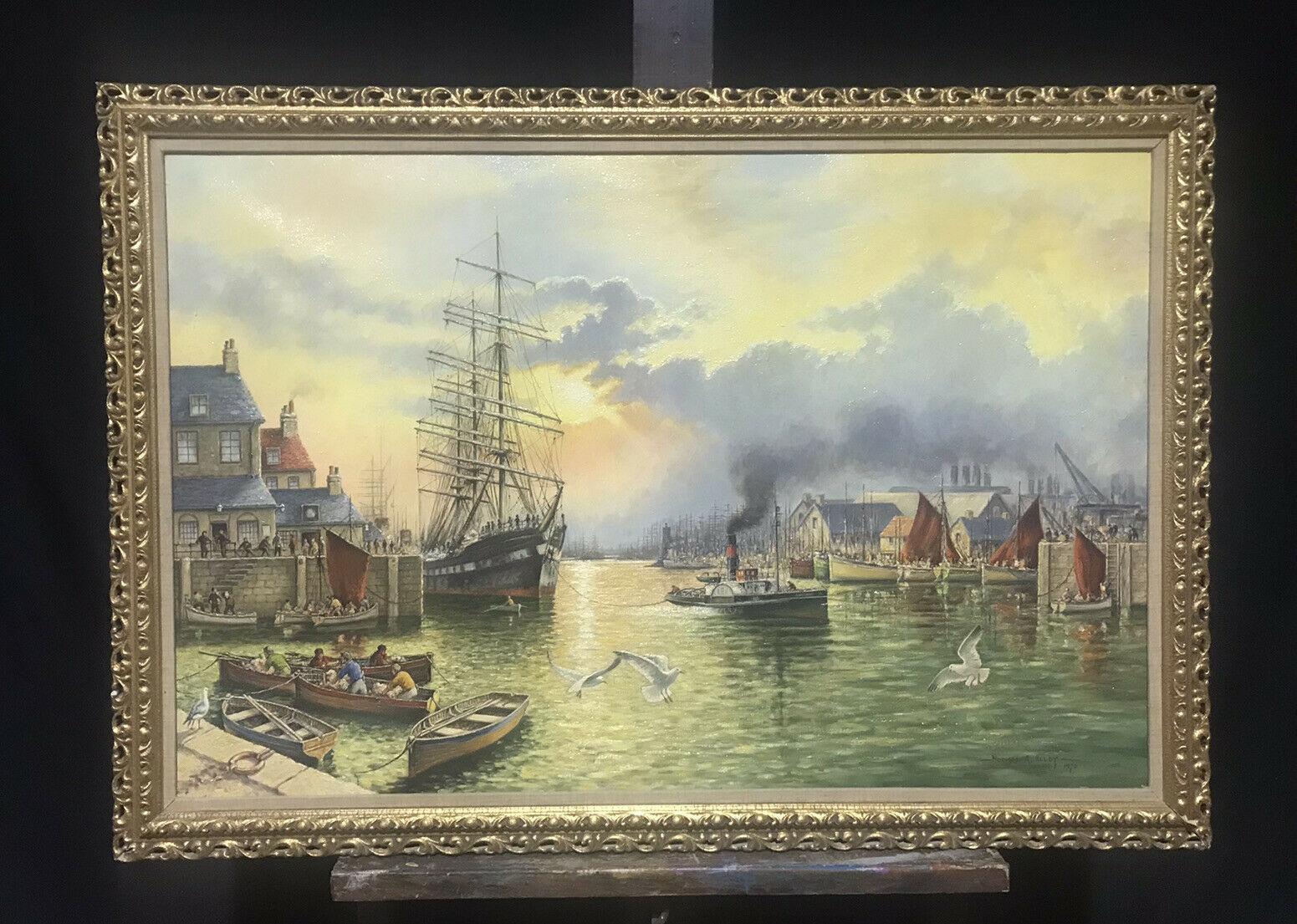 LARGE SIGNED ENGLISH OIL - CLASSIC TALL SHIP ENTERING OLD TRADITIONAL HARBOUR - Painting by Norman Olley
