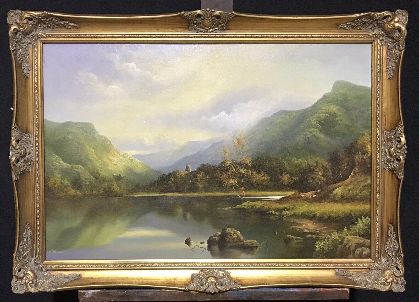 FINE LARGE WELSH TRANQUIL LAKE & CASTLE SCENE LANDSCAPE SIGNED OIL PAINTING - Painting by Welsh artist