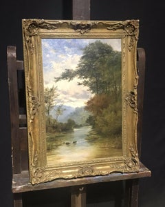 Fine Victorian Signed Oil Painting - Angler Fishing Hilly River Landscape