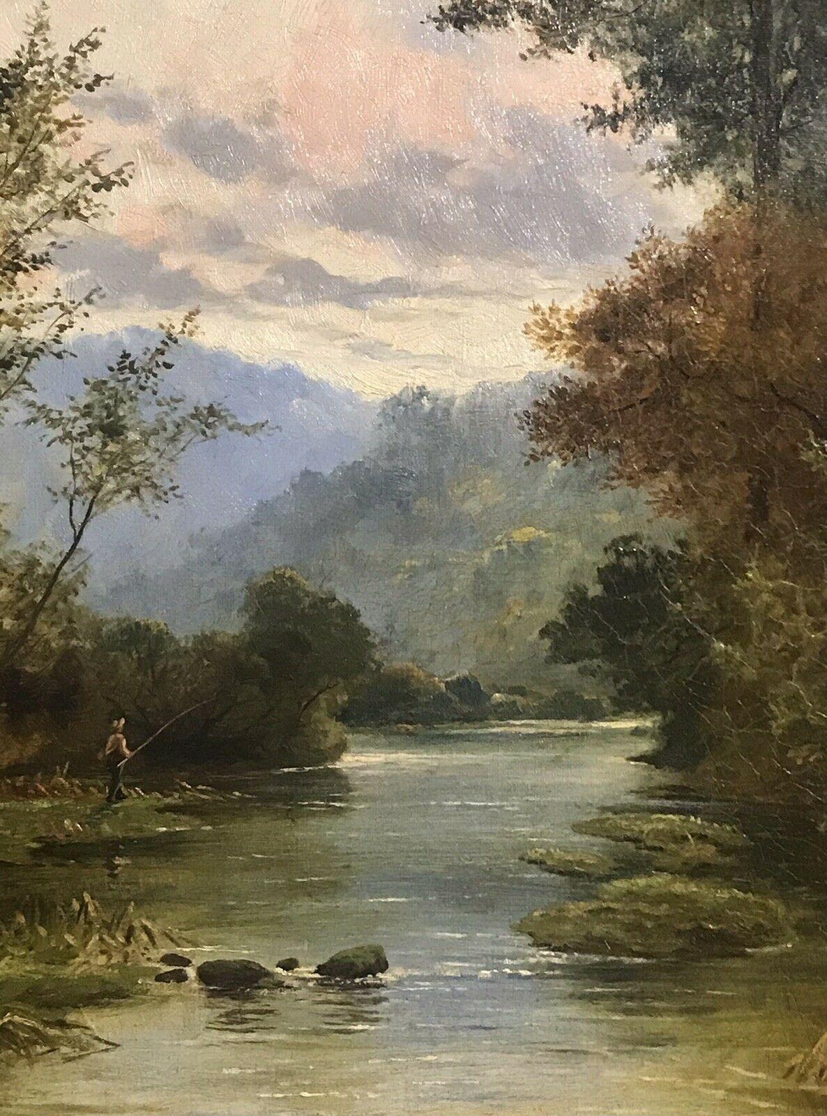 Fine Victorian Signed Oil Painting - Angler Fishing Hilly River Landscape - Brown Landscape Painting by WALTER W. GODDARD (1858-1933) 