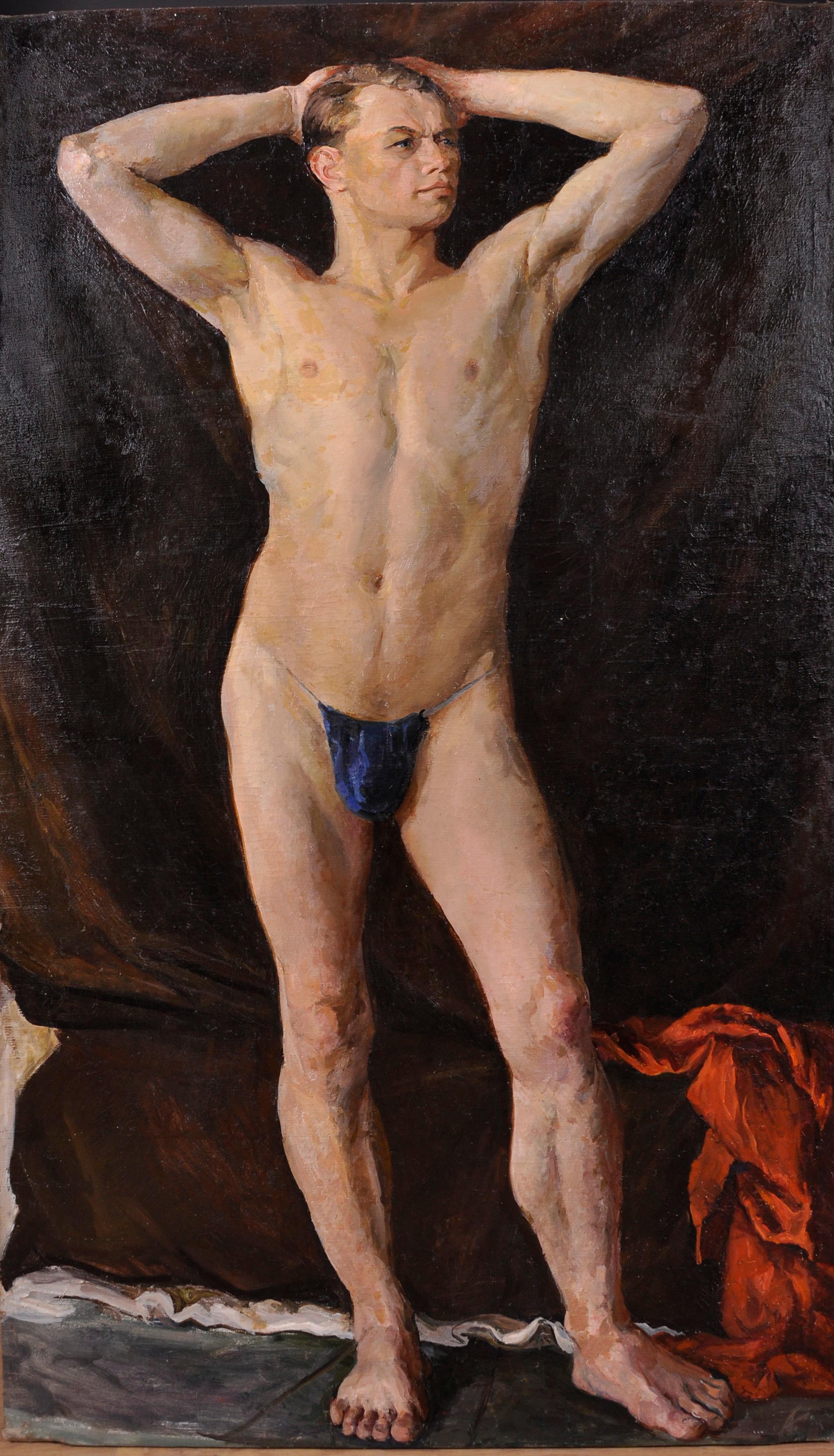 Huge Oil Portrait of Semi Nude Man - Full Length Study Muscular Model - Signed - Painting by Arkady Petrovich Okhlupin 