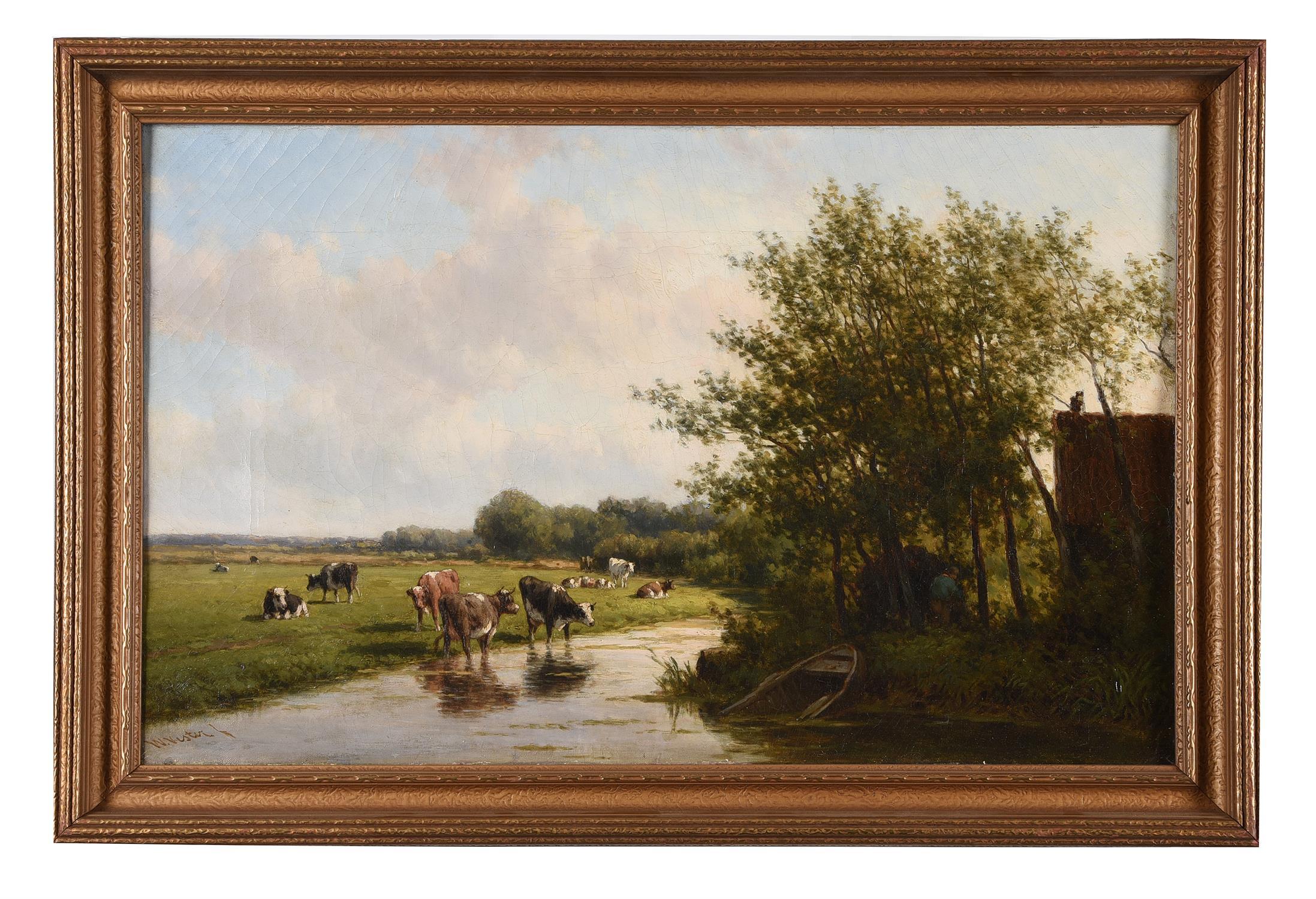 Large 19th Century Pastoral Landscape Cattle Grazing River Landscape - Oil - Painting by Willem Vester (Dutch 1824-1895)
