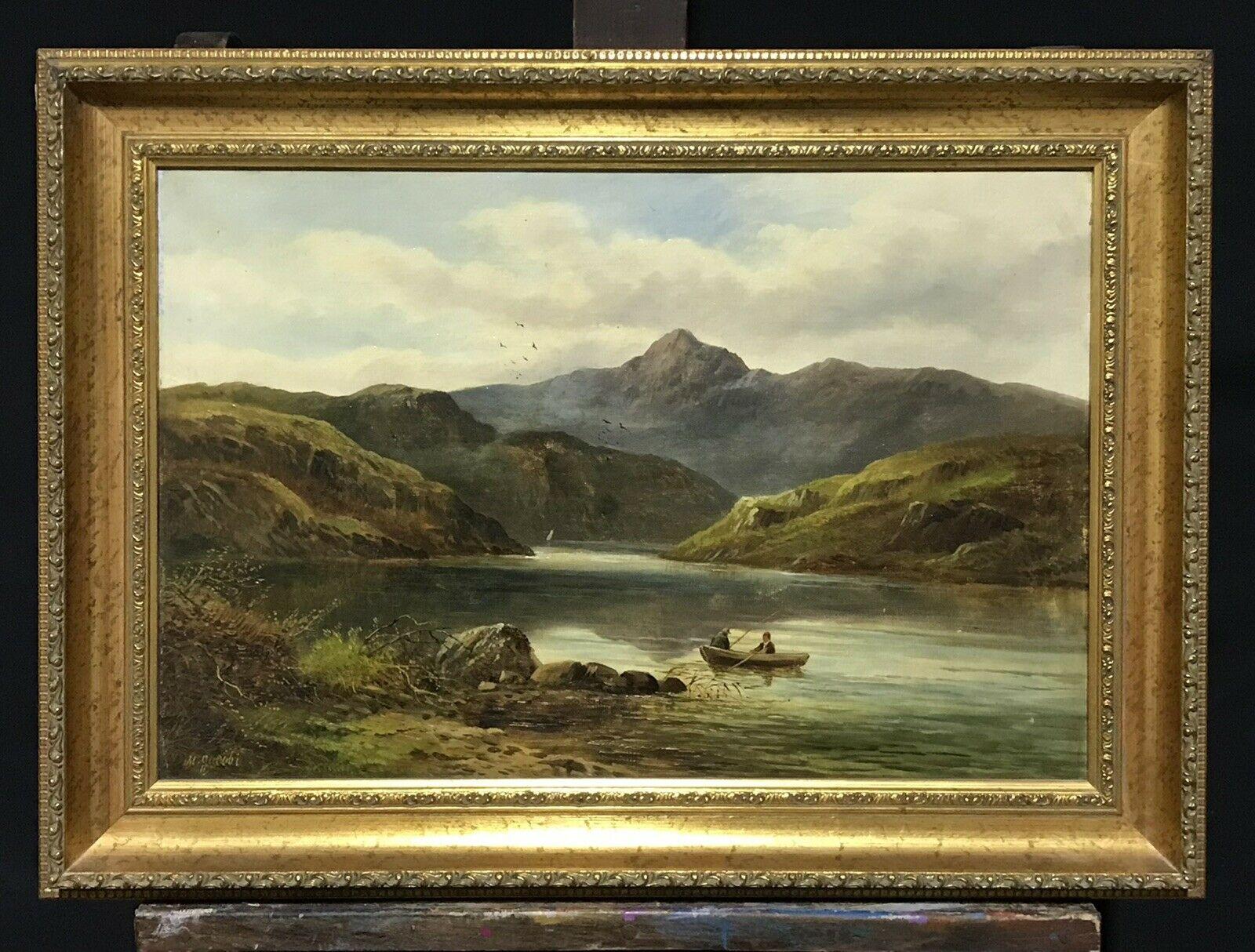FINE VICTORIAN SIGNED OIL - SNOWDON NORTH WALES - ANGLERS IN BOAT LAKE SCENE - Painting by Martin Jacobi