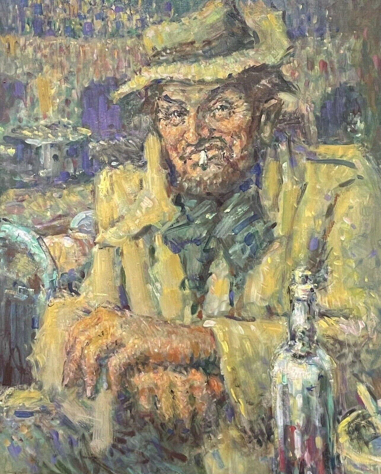 Portrait of French Man sitting at Cafe Table with Bottle of Wine - Large Oil - Painting by JEAN LOUIS LE TOULLEC 