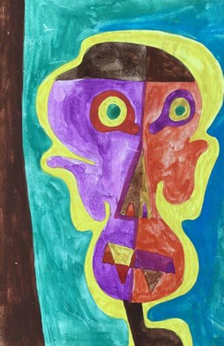 ORIGINAL 1970'S FRENCH PSYCHEDELIC ABSTRACT PORTRAIT PAINTING OF FIGURE