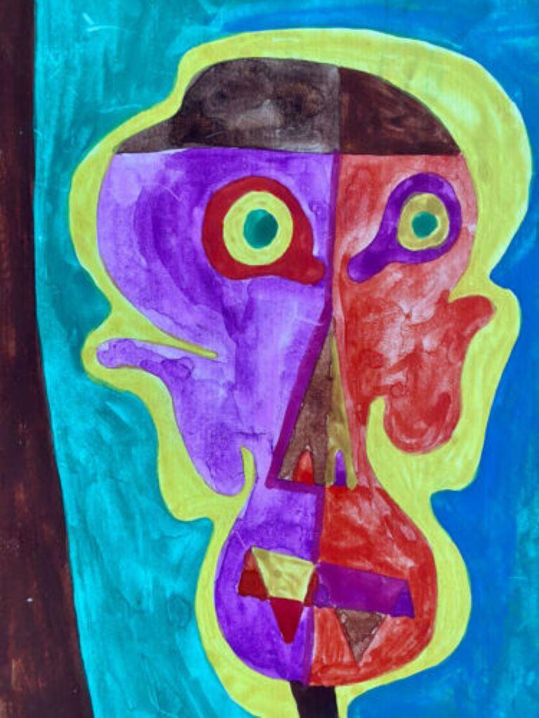 ORIGINAL 1970er FRENCH PSYCHEDELIC ABSTRACT PORTRAIT PAINTING OF FIGURE – Painting von Claude Lagouche