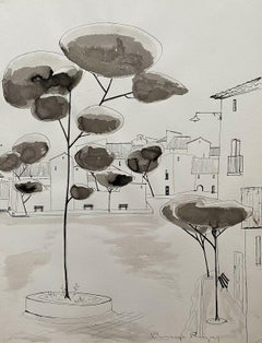 ROGER BONAFE (B.1932) ORIGINAL PAINTING FRENCH MODERNIST - TREES IN TOWN SQUARE