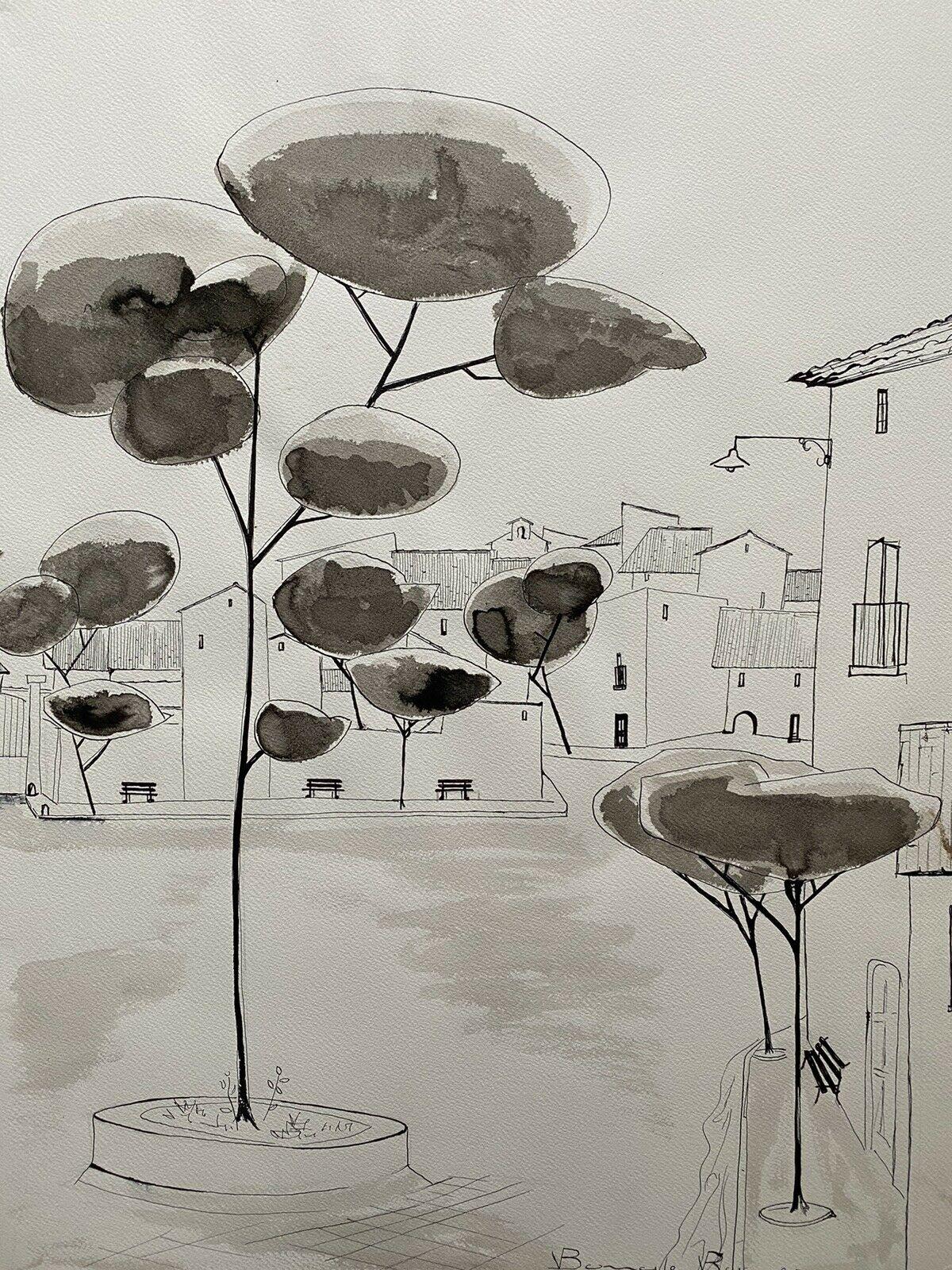 ROGER BONAFE (B.1932) ORIGINAL PAINTING FRENCH MODERNIST - TREES IN TOWN SQUARE - Art by Roger Bonafe