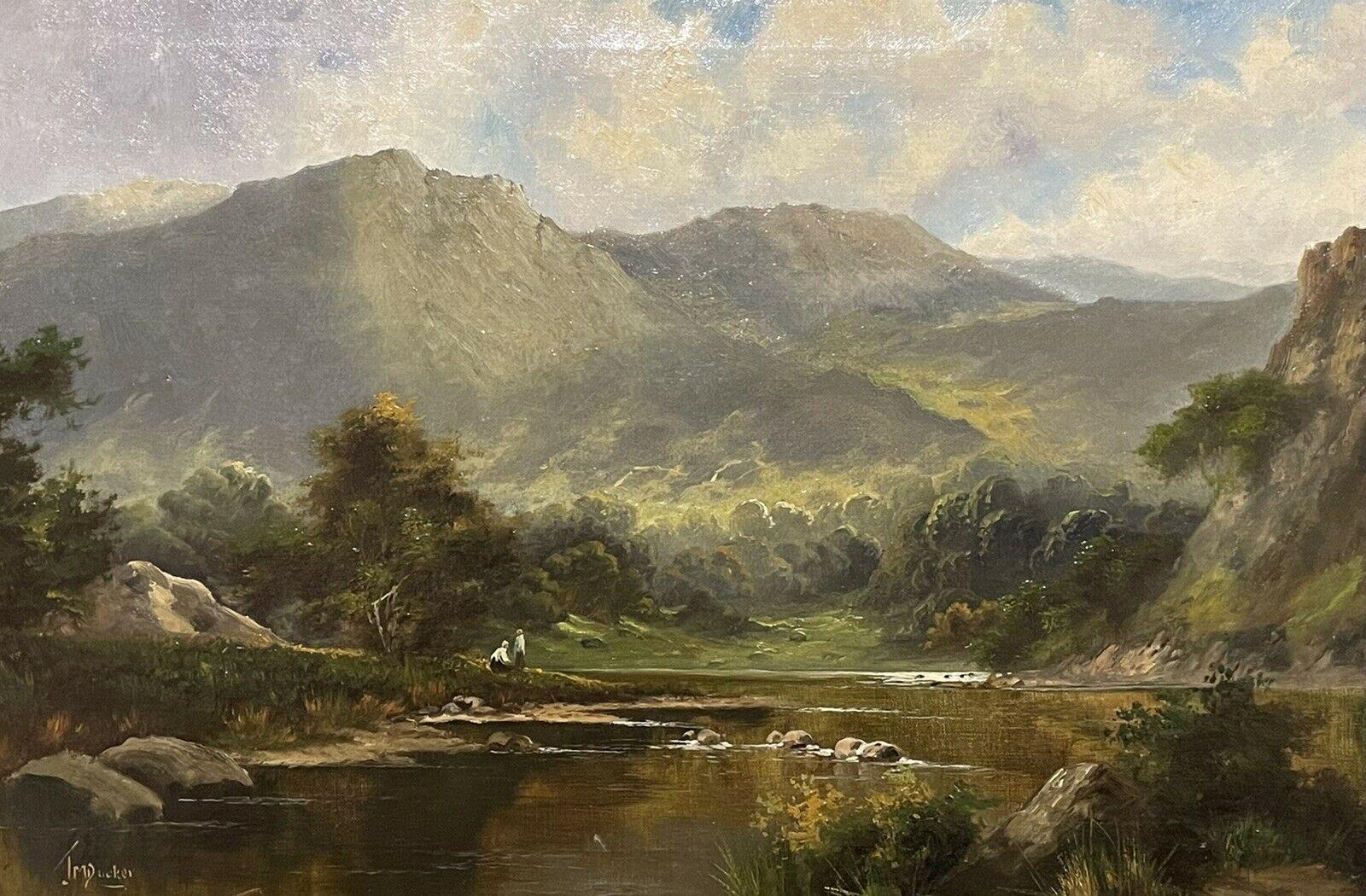 FINE ANTIQUE SCOTTISH HIGHLANDS OIL PAINTING - FIGURES BY MOUNTAINOUS LOCH SCENE - Painting by Jack M. Ducker