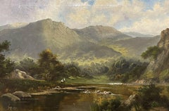 FINE ANTIQUE SCOTTISH HIGHLANDS OIL PAINTING - FIGURES BY MOUNTAINOUS LOCH SCENE