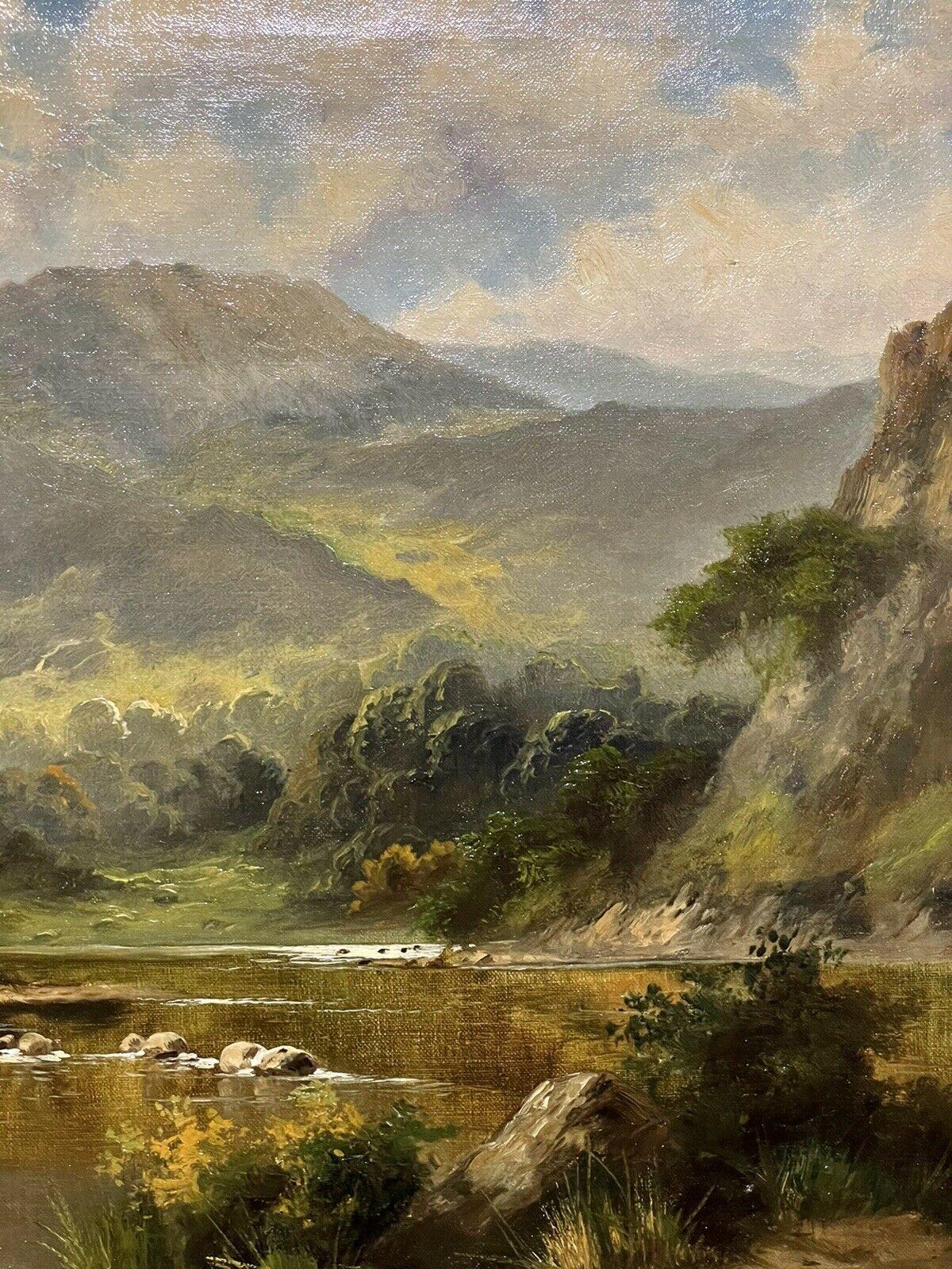 FINE ANTIQUE SCOTTISH HIGHLANDS OIL PAINTING - FIGURES BY MOUNTAINOUS LOCH SCENE - Victorian Painting by Jack M. Ducker