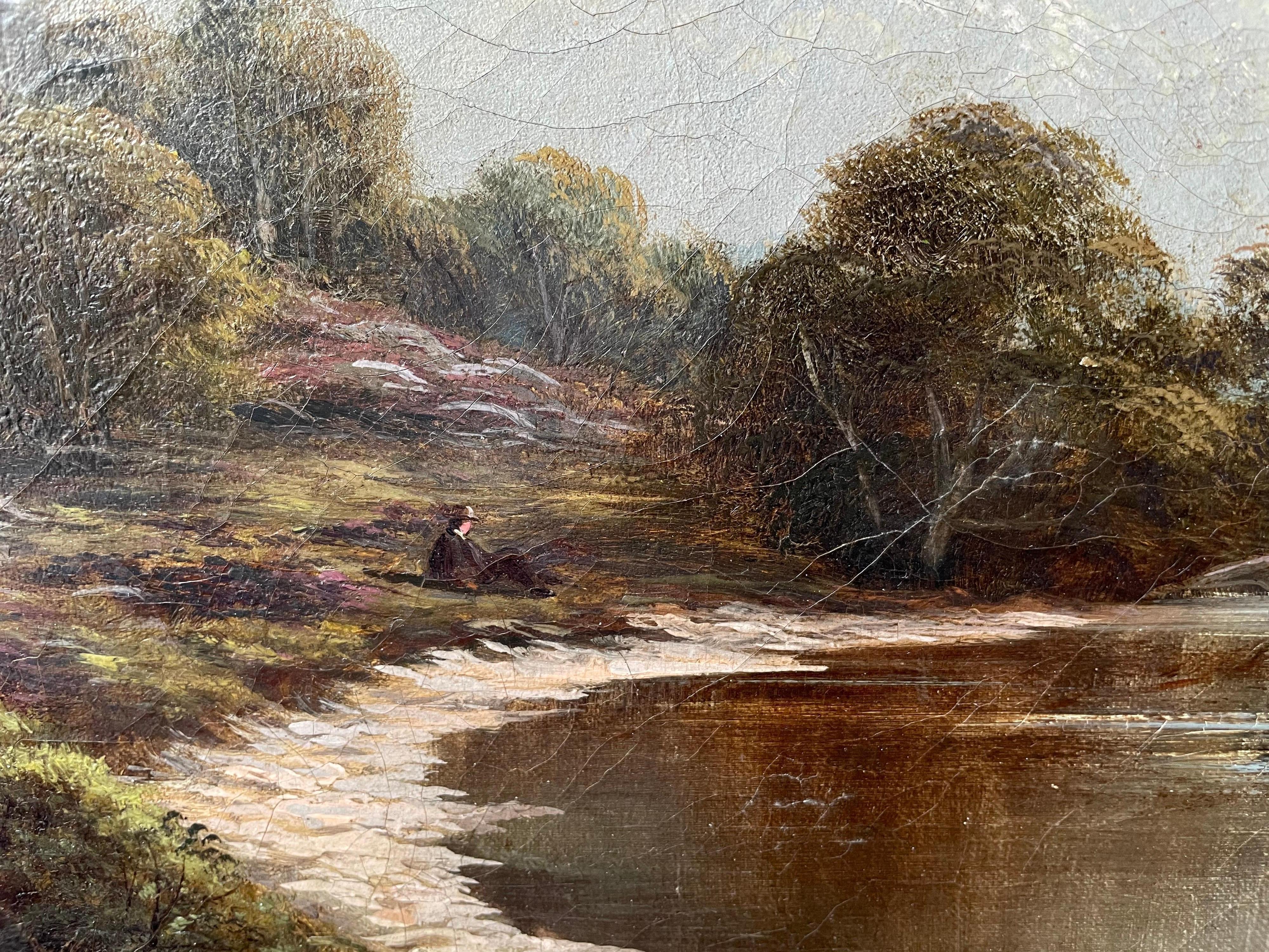 Large Victorian Oil Painting on Canvas Tranquil River Landscape Wye at Monmouth - Brown Landscape Painting by Thomas Spinks 