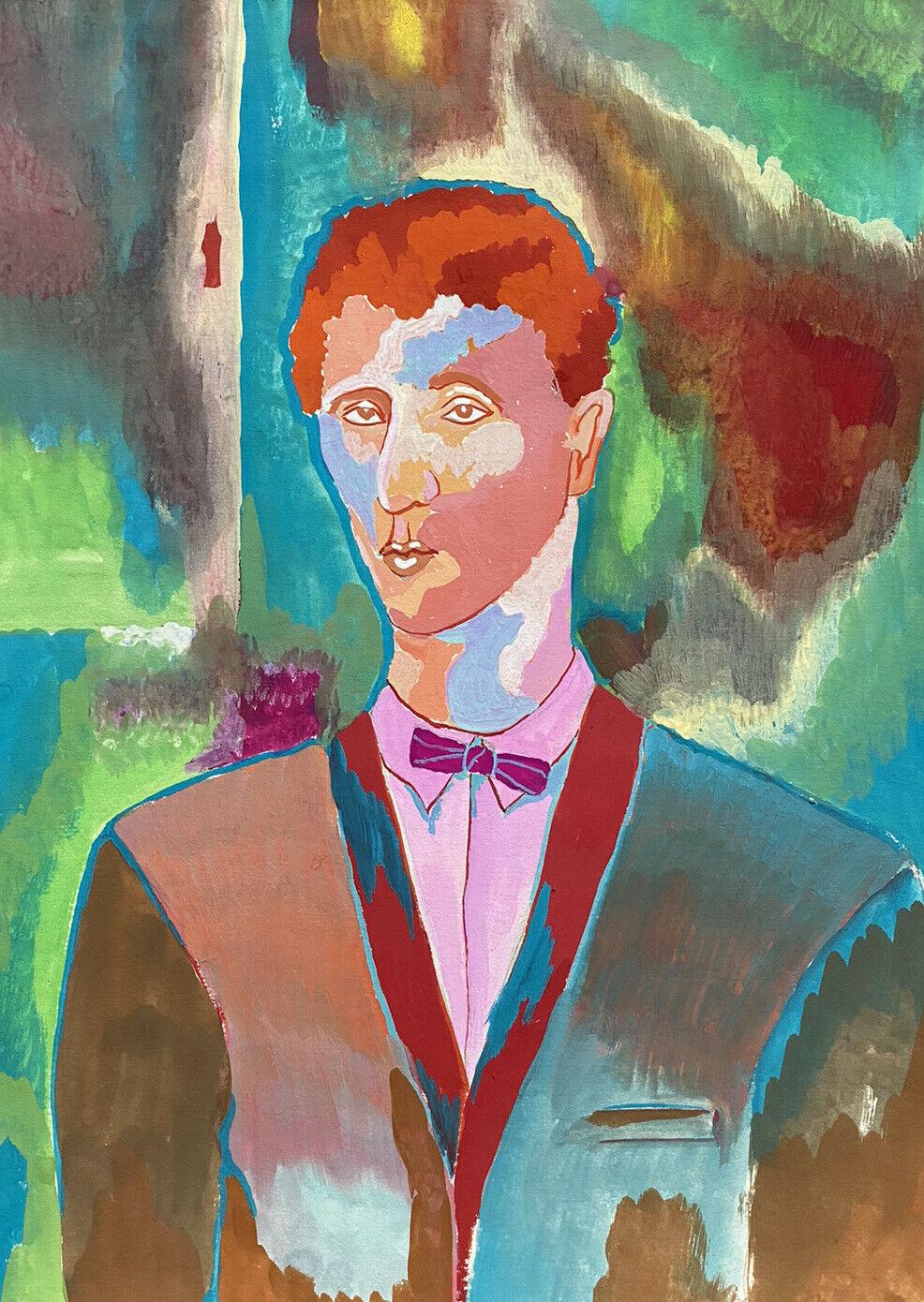 Jean Marc Nude Painting - COLORFUL 20th CENTURY FRENCH MODERNIST PAINTING - MALE PORTRAIT BOW TIE CARDIGAN