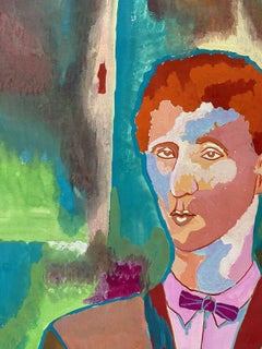 COLORFUL 20th CENTURY FRENCH MODERNIST PAINTING - MALE PORTRAIT BOW TIE CARDIGAN