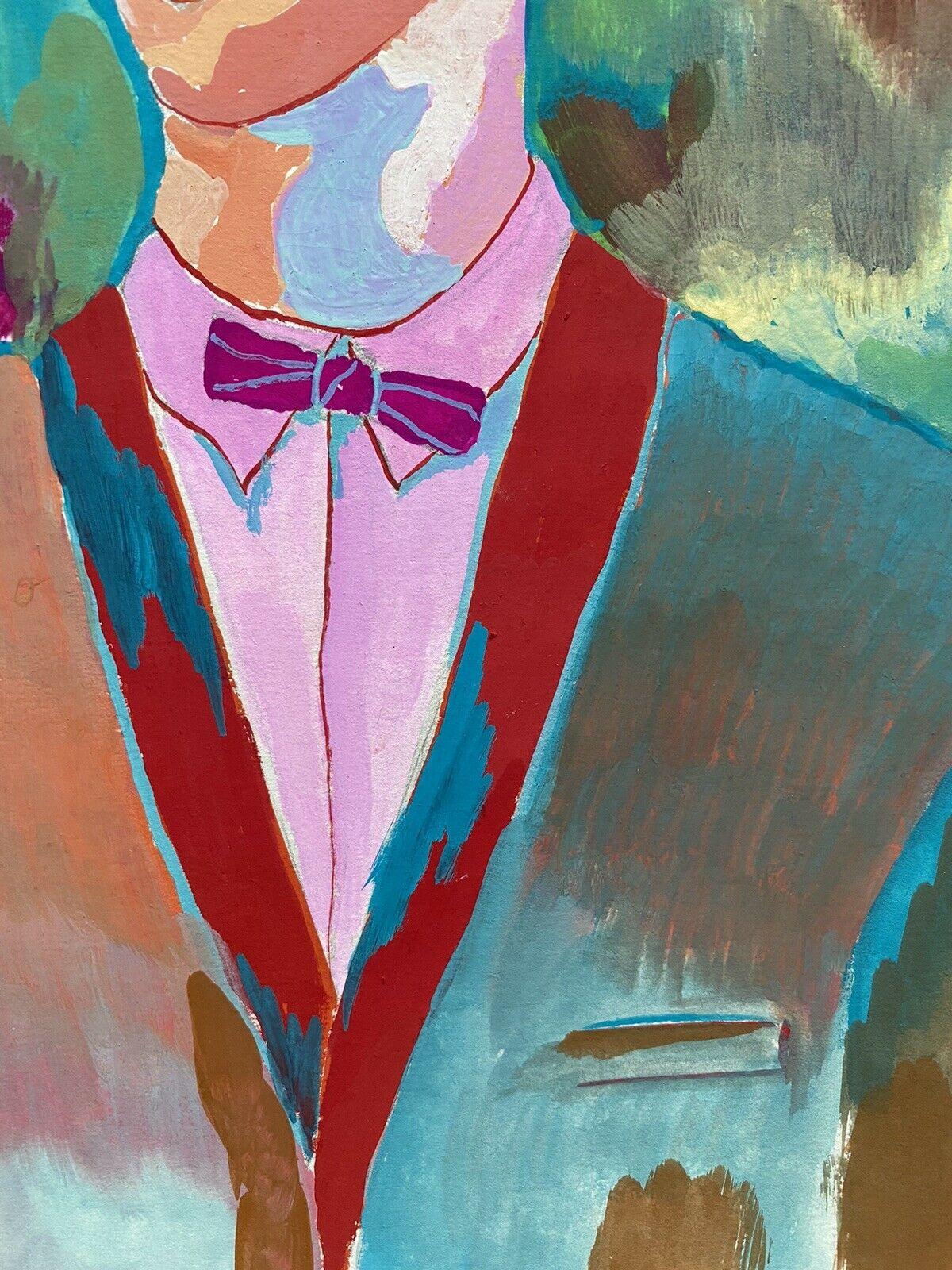 COLORFUL 20th CENTURY FRENCH MODERNIST PAINTING - MALE PORTRAIT BOW TIE CARDIGAN - Modern Painting by Jean Marc
