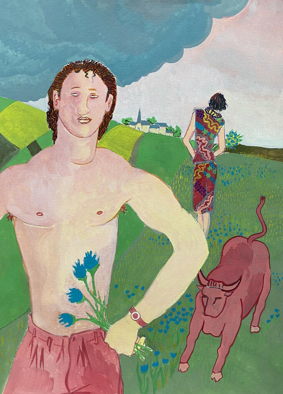 SEMI NUDE MALE WITH BULL IN LANDSCAPE - 20th CENTURY FRENCH MODERNIST PAINTING - Painting by Jean Marc