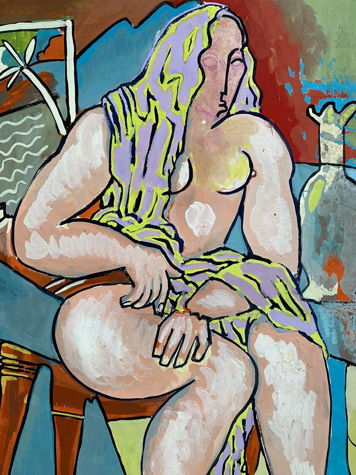 20th CENTURY FRENCH MODERNIST PAINTING - NUDE FIGURE COLORFUL INTERIOR For Sale 2