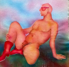 20th CENTURY FRENCH MODERNIST PAINTING -  EROTIC MALE NUDE PORTRAIT IN RED BOOTS